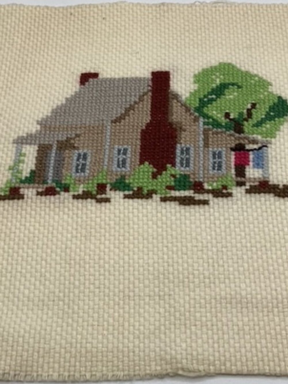 Handmade Vintage Needlework Cabin/House Scene 12"x10.5"